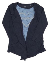 Tmavomodro-modrý bavlněný cardigan s všitým torkem s kočkami a srdcem Yigga