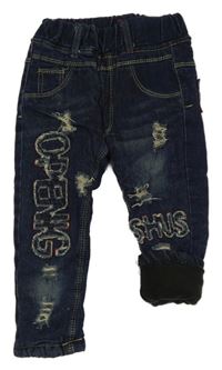 Tmavomodré zateplené skinny rifle s nápisy a prošoupáním