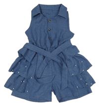 Modrý melírovaný kraťasový overal s perlami a páskem