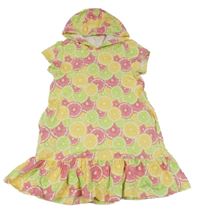 Žluto-růžovo-zelené teplákové šaty s citróny a kapucí