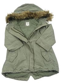 Khaki plátěná jarní parka s kapucí s kožešinou GAP