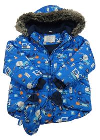 Modrá šusťáková zateplená bunda s bagry a kapucí + rukavice George