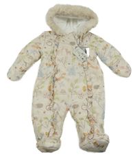 Nové - smetanová šusťáková zimní kombinéza s obrázky a kapucí George