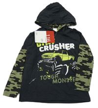 Nové - antracitové triko s potiskem a army rukávy a kapucí Kiki&Koko