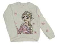 Bílý chlupatý svetr s Elsou z flitrů C&A