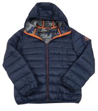 Tmavomodrá šusťáková prošívaná zateplená bunda s kapucí Next