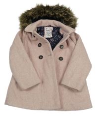 Světlerůžový podšitý flaušový kabát s kapucí s kožešinou C&A