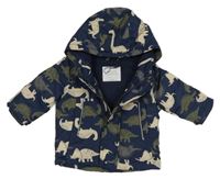 Tmavomodrá šusťáková zimní bunda s dinosaury a kapucí Primark