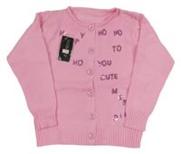 Nové - růžový propínací svetr s nápisy z flitrů 