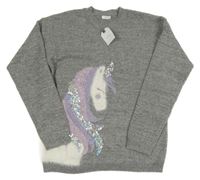 Nové - Šedý třpytivý svetr s jednorožcem z flitrů Next