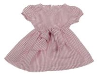 Růžovo-bílé pruhované krepové šaty s mašlí 