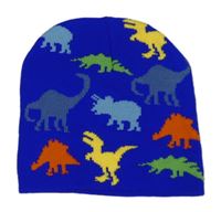 Modrá pletená čepice s barevnými dinosaury 