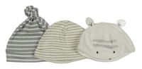 3set - 3x čepice - šedo-bílá pruhovaná + bílá sametová s čumákem + bílo-černá pruhovaná