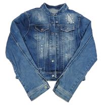 Tmavomodrá riflová crop bunda s perlami 