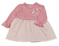 Růžovo-bílé šaty s mašlí a kostkovanou sukní