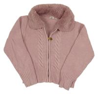 Růžový propínací crop svetr s límcem s kožešinou 