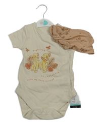 Nové - 2set - Béžové body s lvíčky + hnědá turbanová čepice s mašlí - Lví král 