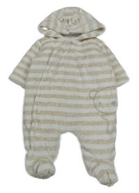 Béžovo-bílá pruhovaná sametová zateplená kombinéza s medvídkem a kapucí Mothercare