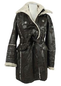 Dámský hnědý semišový kabát s kožíškem a páskem 