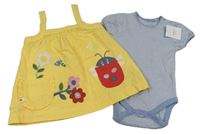 2set- žluté plátěné šaty s beručkou a kytičkami+ pruhované body Next