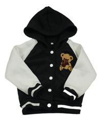 Černo-bílá baseballová mikina s medvědem a kapucí 