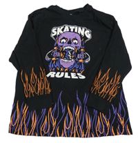 Černé triko s lebkou a plameny F&F