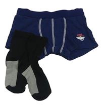 2set - Tmavomodré boxerky s loďkou + černo-šedé ponožky