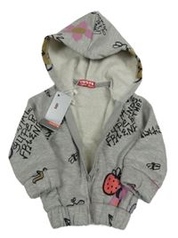 Nové - Šedá propínací mikina s nápisy a kapucí 