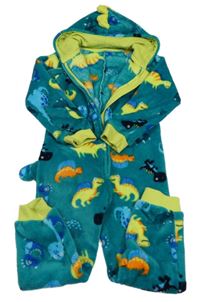 Modrozelená chlupatá kombinéza s dinosaury a kapucí Nutmeg