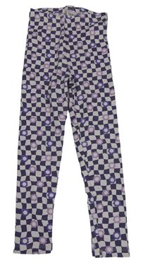 Lila-fialové kostkované žebrované legíny s květinami Kiki&Koko