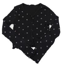 Černé žebrované crop propínací triko s lila kytičkami H&M