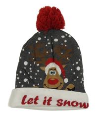 Šedo-bílá pletená čepice se sobem 