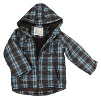 Hnědo-tyrkysovo-bílá kostkovaná šusťáková zimní bunda s kapucí Okay