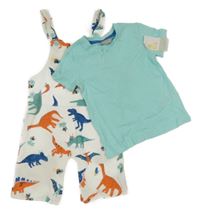 Nové- 2set - Bílé teplákové laclové kraťasy s dinosaury + tyrkysové tričko Primark
