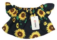 Černá crop halenka se slunečnicemi a volánky PatPat
