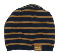 Tmavomodro-světlehnědá pruhovaná úpletová čepice s nášivkou zn. dopodopo