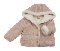 Pudrový žebrovaný  propínací zateplený svetr s kapucí s kožešinou Monsoon