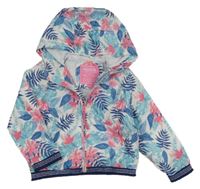 Bílo-tmavomodrá šusťáková jarní bunda s lístečky a pruhy a kapucí C&A