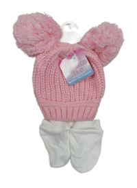 Nové - 2Set - Růžová žebrovaná pletená čepice s bambulemi Soft Touch + bílé rukavice 