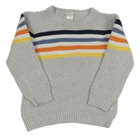 Světlešedý melírovaný žebrovaný svetr s barevnými pruhy PUSBLU