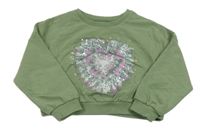 Khaki melírovaná oversize crop mikina s batikovaným srdíčkem s flitry Next