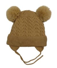 Hnědá vzorovaná úpletová zavazovací čepice s bambulemi noixx