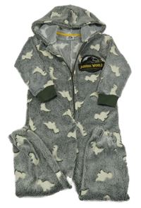 Tmavokhaki-bílá plyšová kombinéza s dinosaury - Jurský svět a kapucí 