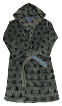 Tmavošedý plyšový župan s logy - PlayStation a kapucí