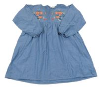 Modré plátěné šaty s květy a ptáčky a motýlky a srdíčky H&M