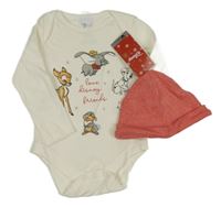 Nové - 2Set - Bílé body s Disney zvířátky + červená melírovaná čepice Disney
