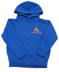 Cobaltově modrá teplá mikina s obrázkem a nápisy a kapsou a kapucí FRUIT of the LOOM