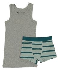 2Set - Šedý melírovaný nátělník Pepperts! + světlekhaki/smaragdové pruhované trenýrky L&D