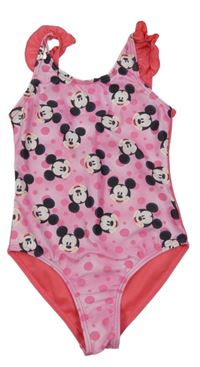Růžovo-jahodové jednodílné plavky s Mickey a puntíky a volánky