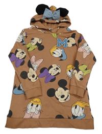 Hnědá tepláková šatová tunika s Minnie a Mickey s kamarády a kapucí H&M